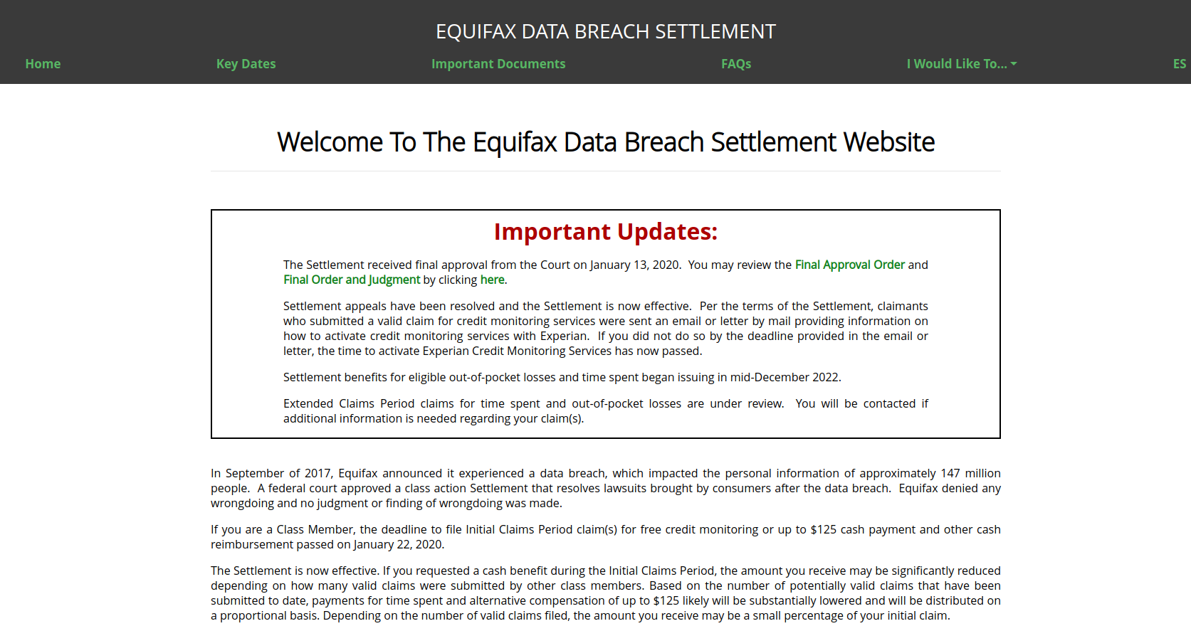 Equifax settlement website